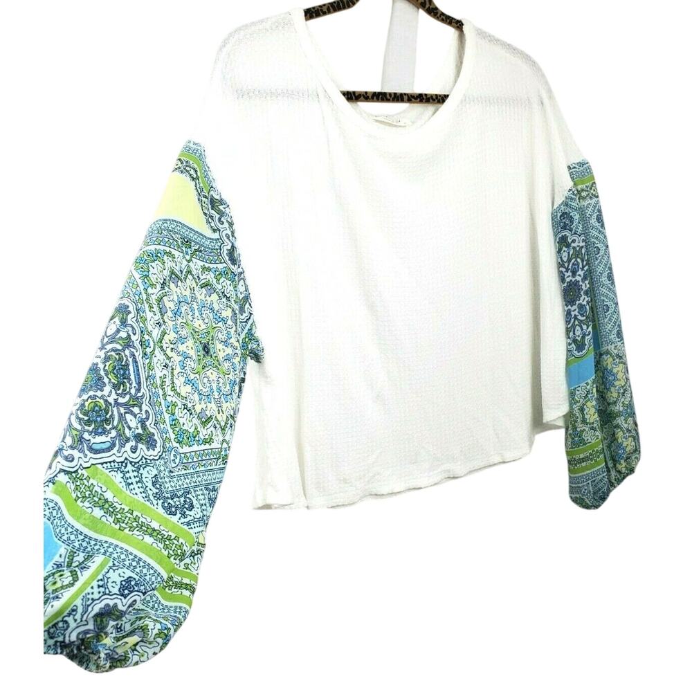 Anthro Lavender Field White Top Womens Shirt Crop Size Small S Thermal Puff